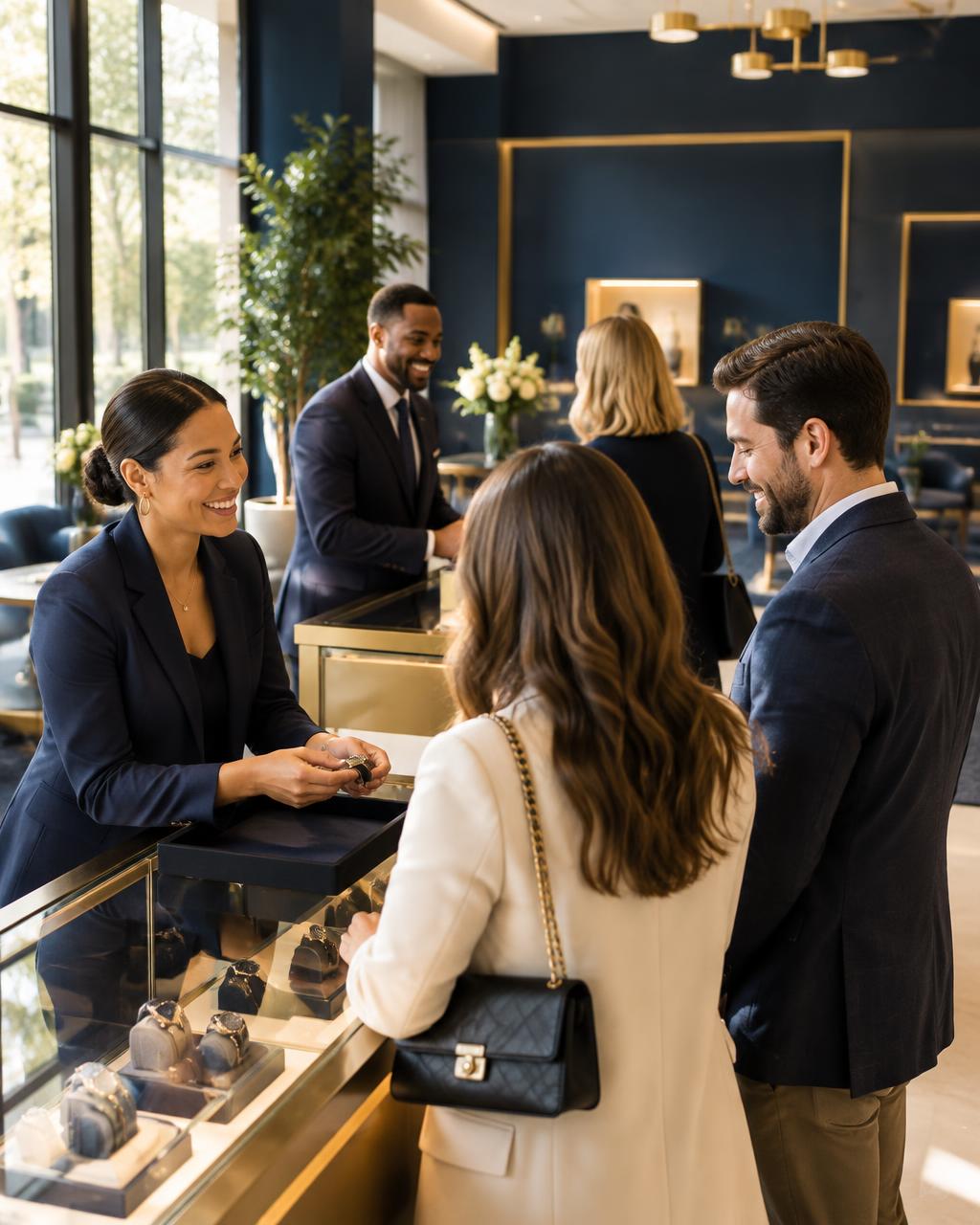 Retail sales team assisting customers on a premium showroom floor